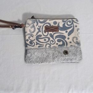 Myra Bag cotton fur leather gray canvas clutch purse.